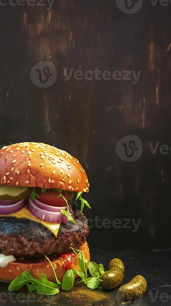 AI generated Tasty handmade burger showcased attractively on dark backdrop banner Vertical Mobile Wallpaper photo