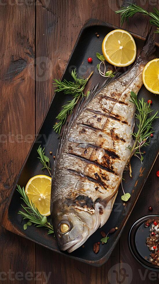 AI generated Succulent grilled dorado fish displayed on textured wooden background Vertical Mobile Wallpaper photo