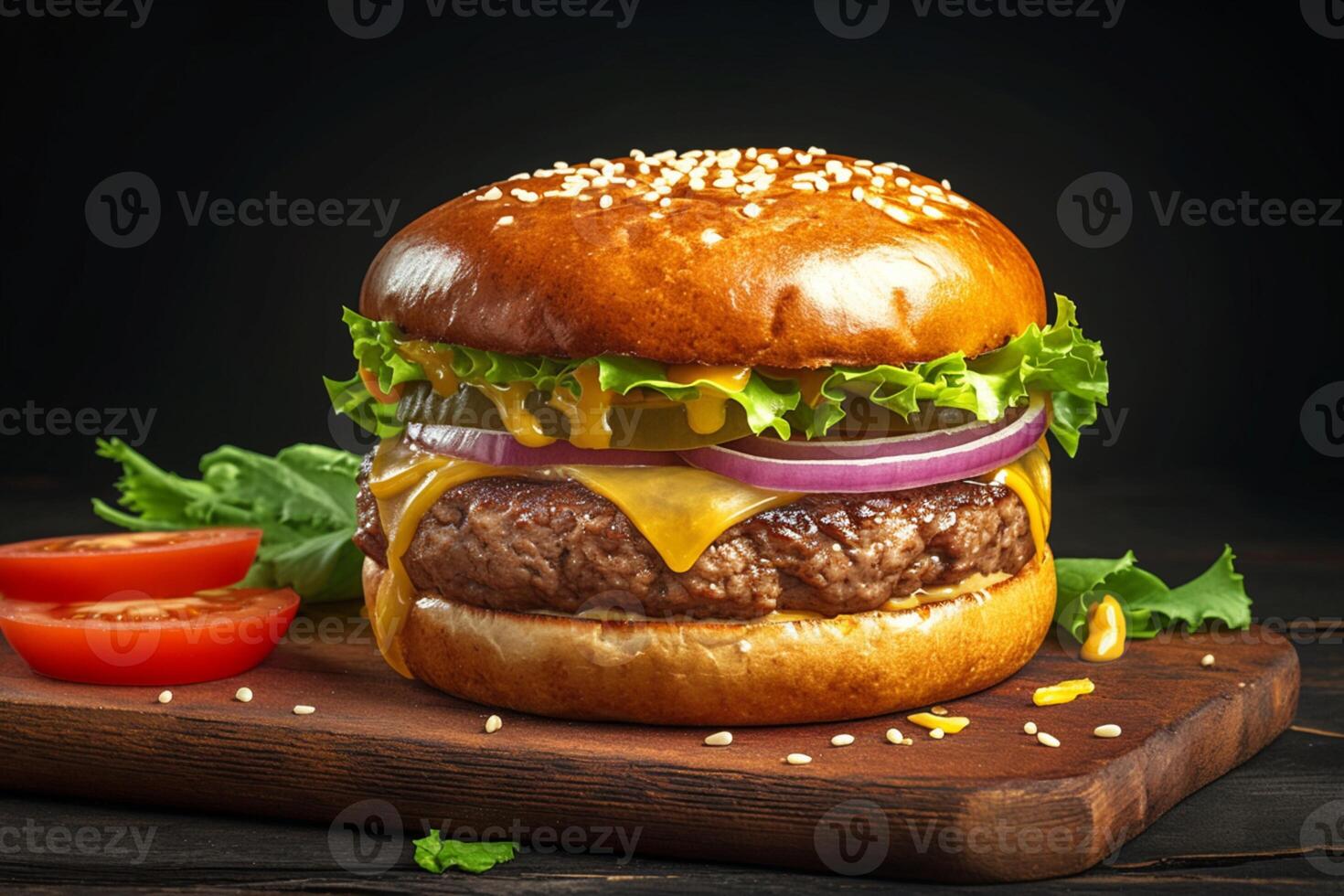 AI generated view Iconic homemade hamburger beef, cheese, lettuce, tomato on dark photo