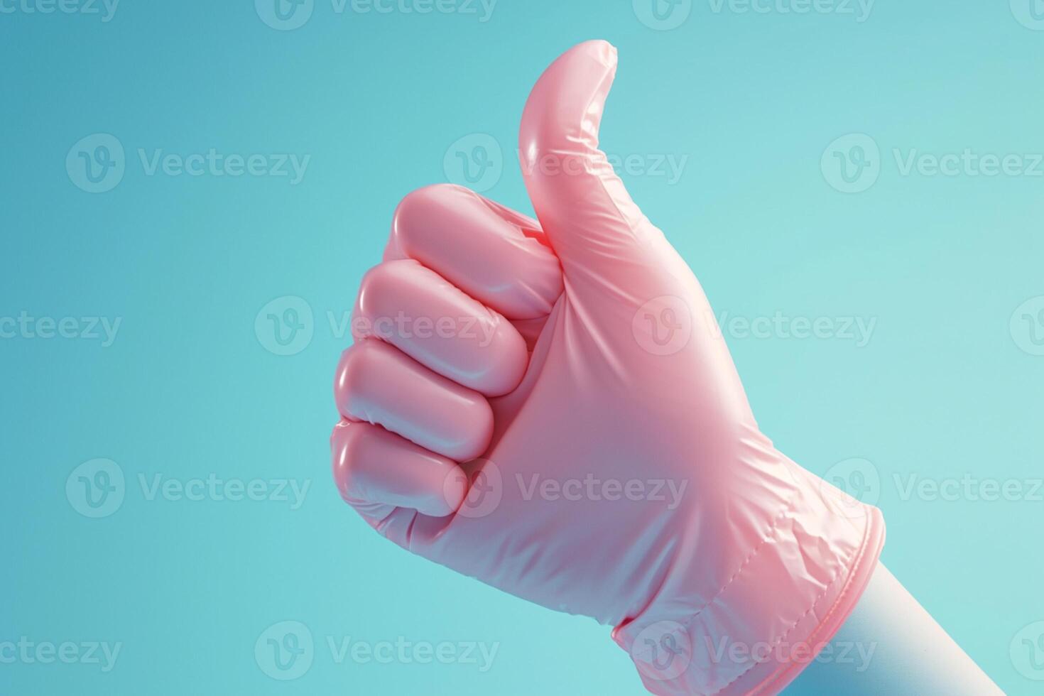 ai generado positivo realimentación gesto rosado enguantado mano demostración un me gusta en azul foto