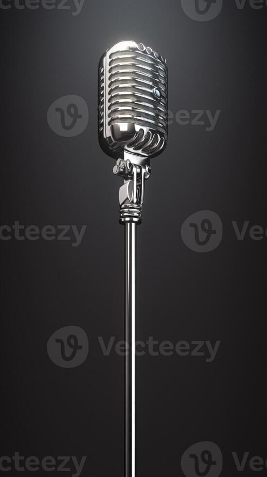 AI generated Classic microphone elegance Retro silver design on gray background, 3D Vertical Mobile Wallpaper photo