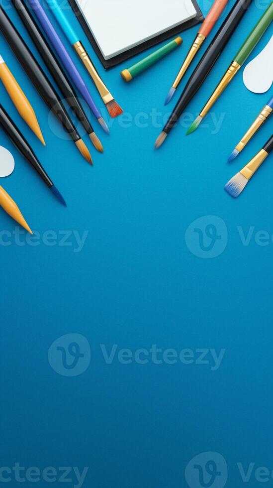 ai generado colegio herramientas arreglo cepillos, pinturas, y álbum en azul fondo vertical móvil fondo de pantalla foto