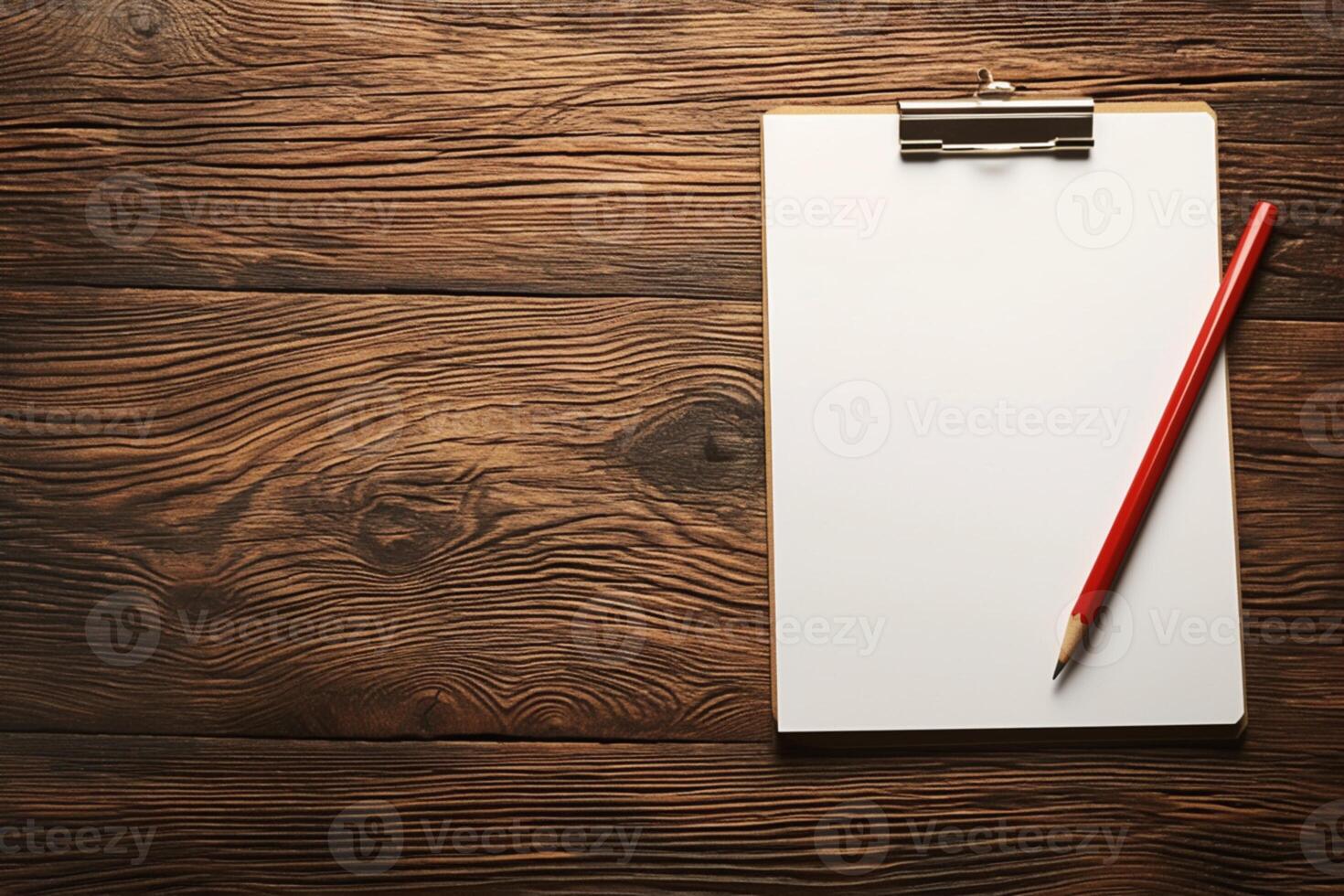 AI generated Educational planning Brown wooden table with notepad and red pencil photo