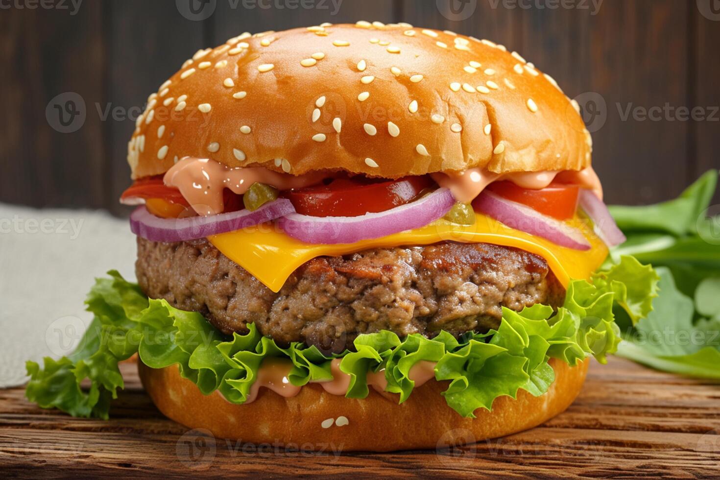 AI generated view Traditional homemade hamburger with beef, cheese, lettuce, tomato on wood photo