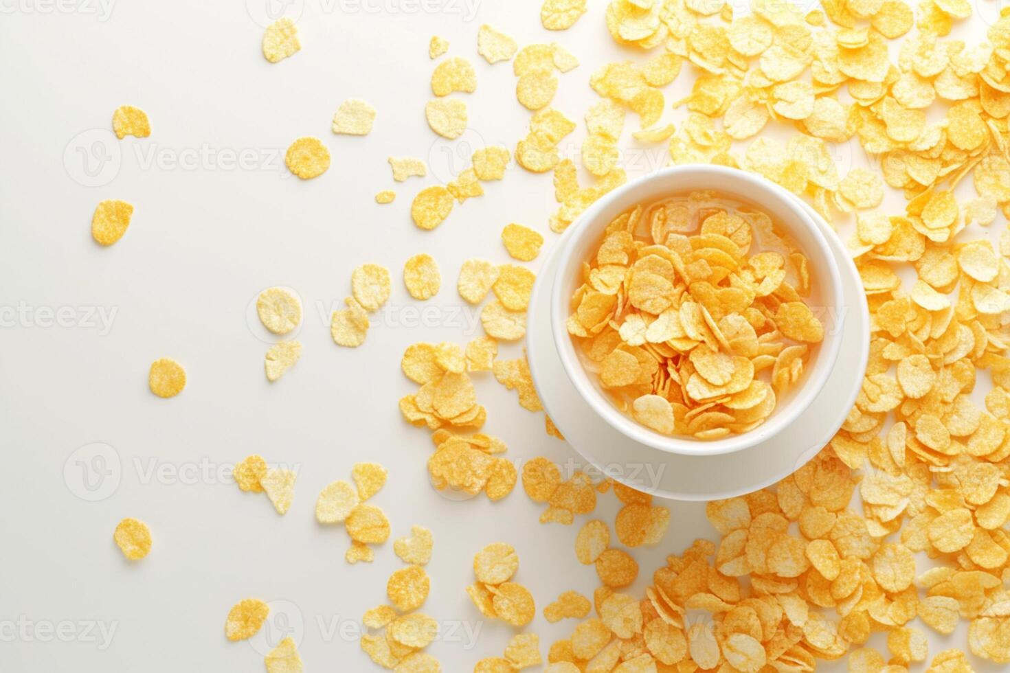 AI generated Scattered delight Corn flakes around a white cup on white photo