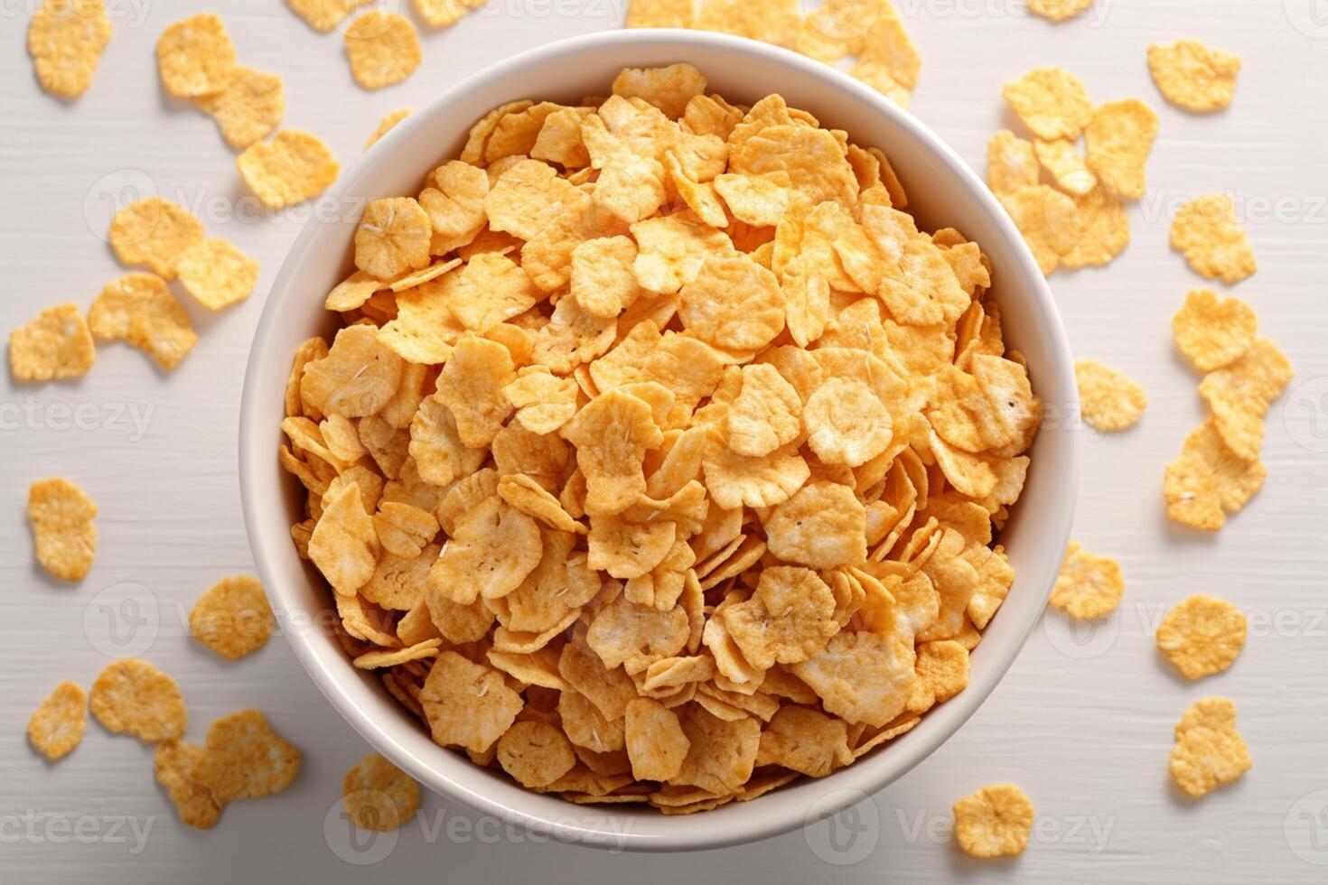 AI generated Culinary appeal White cup with golden corn flakes, crumbled around photo