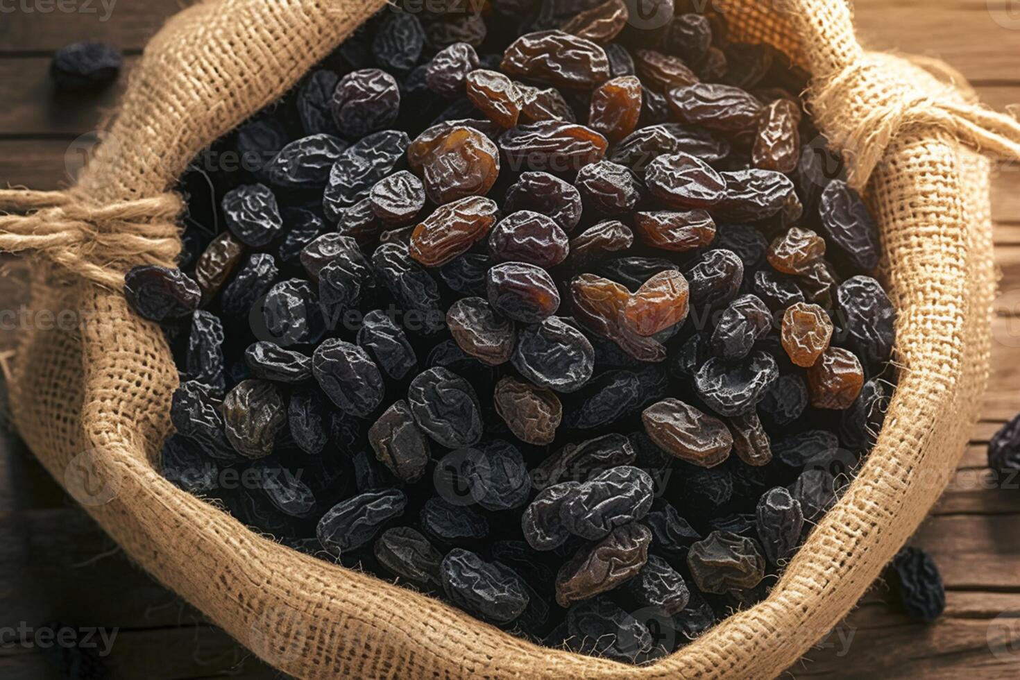 AI generated Natural sweetness Black raisins in burlap bag on rustic background photo