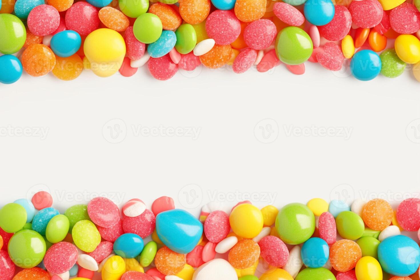AI generated Vibrant candy frame Close up of rainbow colored dragee on white photo