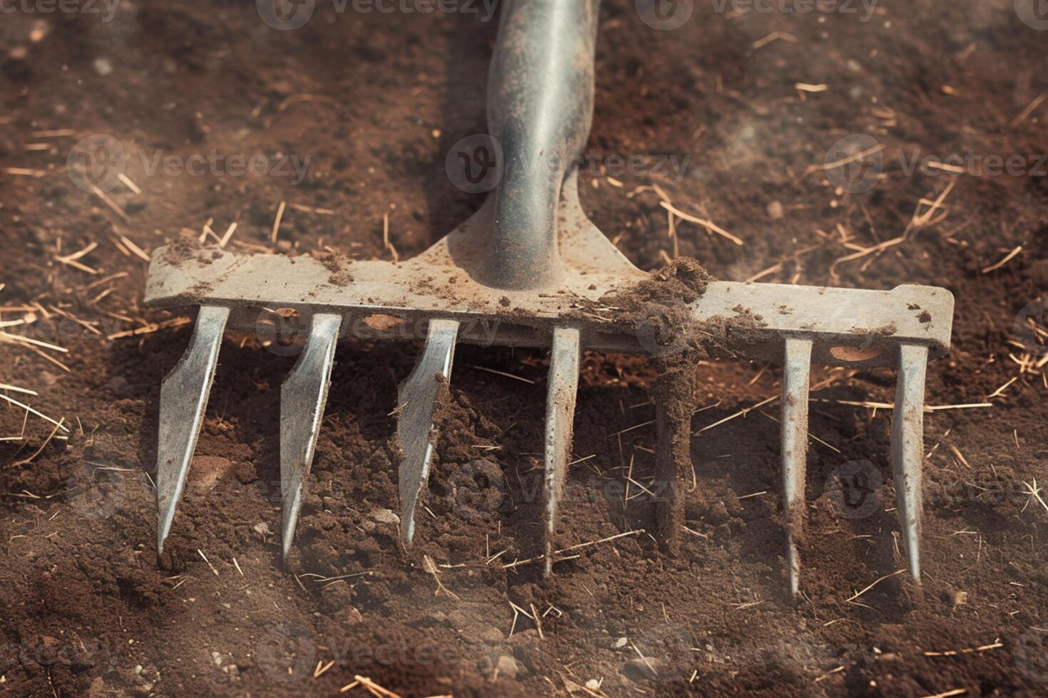 AI generated Soil preparation tool Close up of a used, dirty garden cultivator photo