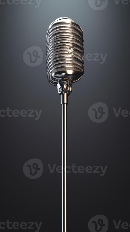 AI generated Photo Vintage audio charm Retro silver microphone on a gray background, 3D rendering Vertical Mobile Wallpaper