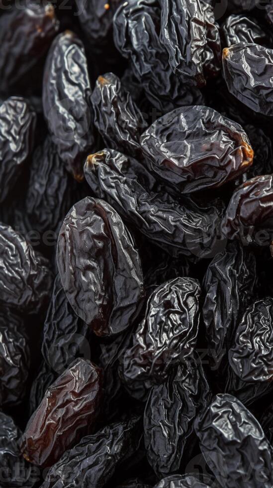 AI generated Sweet and chewy Texture of black raisins, a beloved dried fruit Vertical Mobile Wallpaper photo