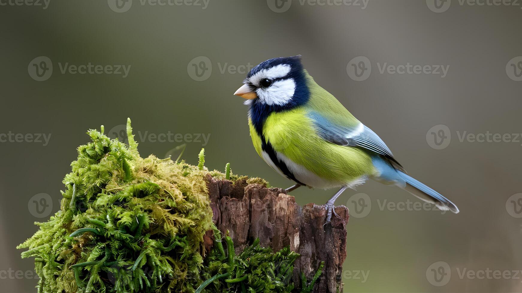 AI generated Bird Song Great Tit Perched on Mossy Stump, Vibrant Colors photo