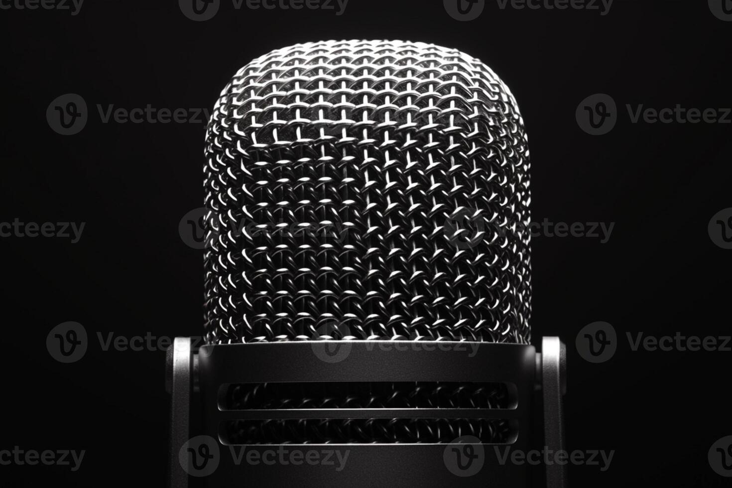 AI generated Microphone artistry Metallic microphone in focus on a black background photo