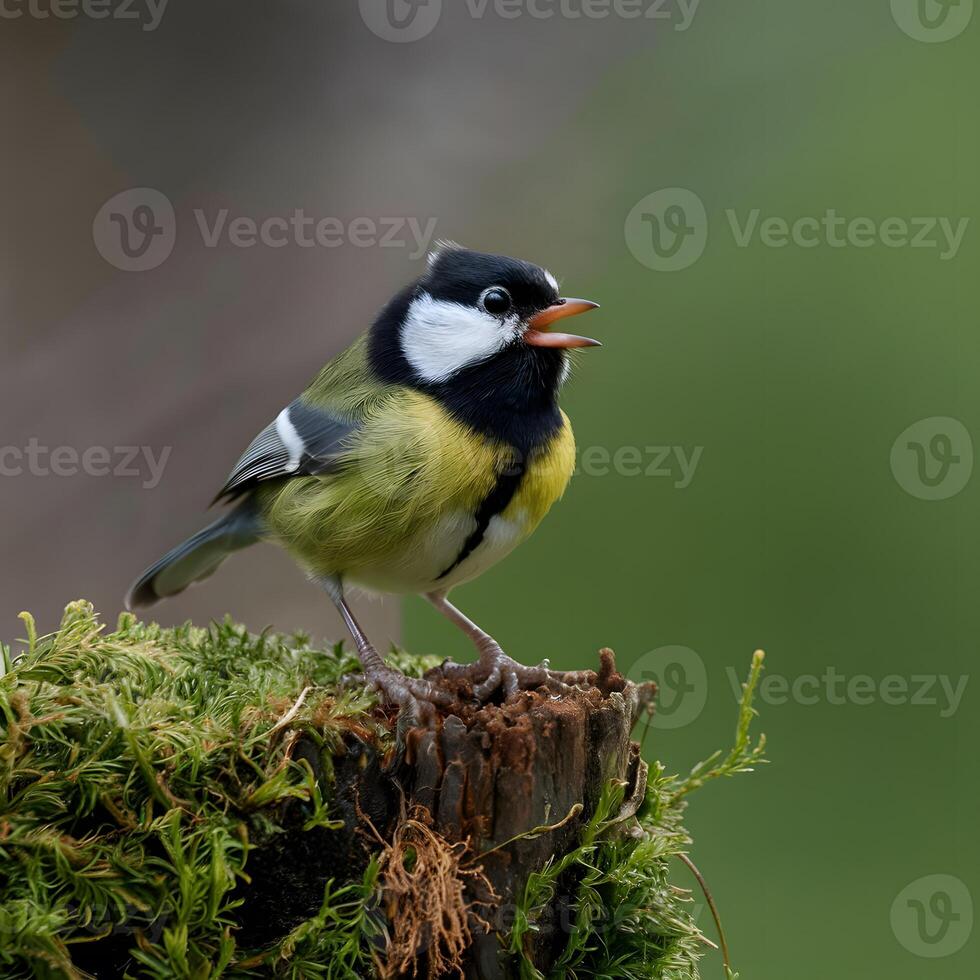 AI generated Vibrant Great Tit Perched on Mossy Stump, Singing Beautifully For Social Media Post Size photo