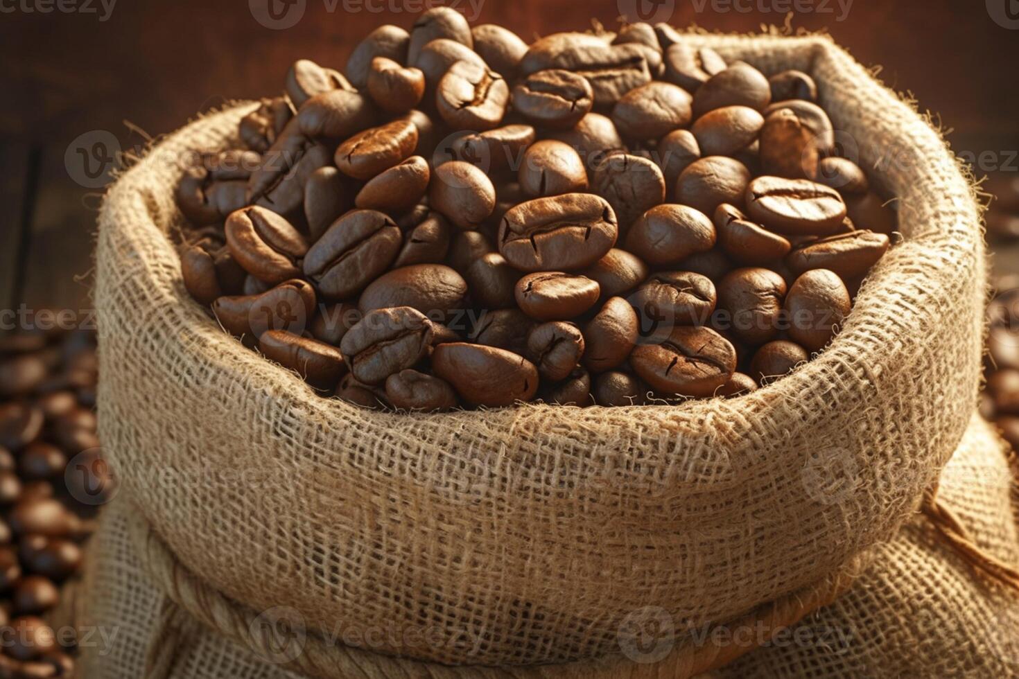 AI generated Aromatic coffee scene Closeup of beans in burlap bag on wood photo