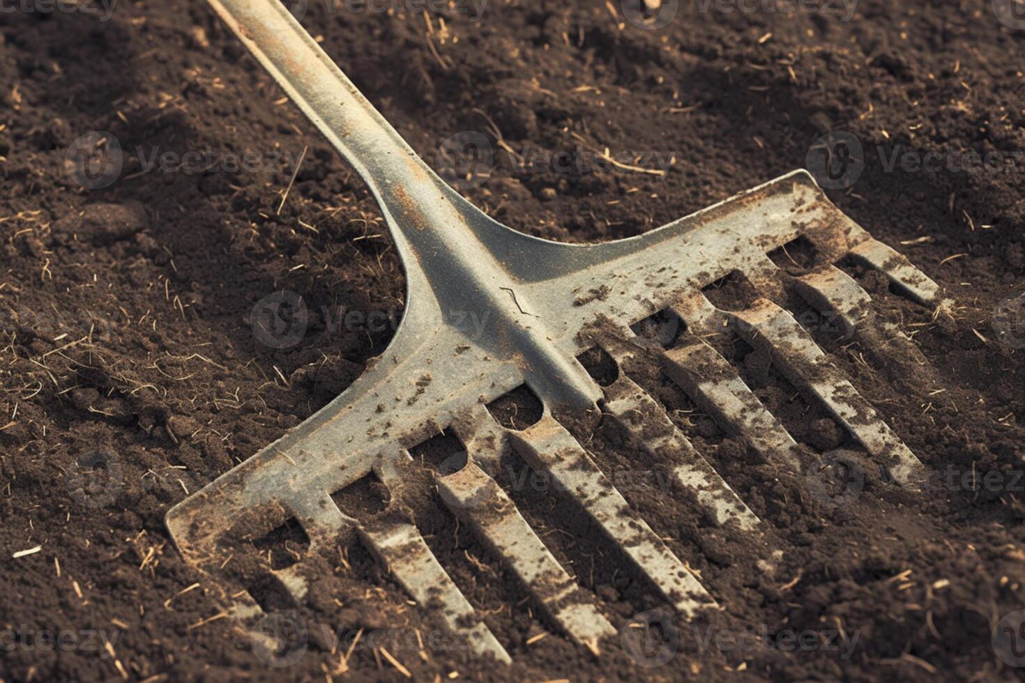 AI generated Gardening aftermath Used dirty metal cultivator close up on soil photo