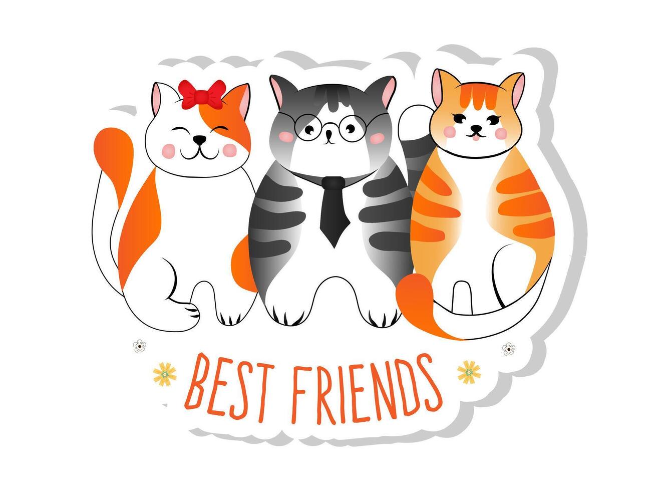Sticker cute gray striped cat and red cats isolated on white background. Vector illustration for children Best friends.