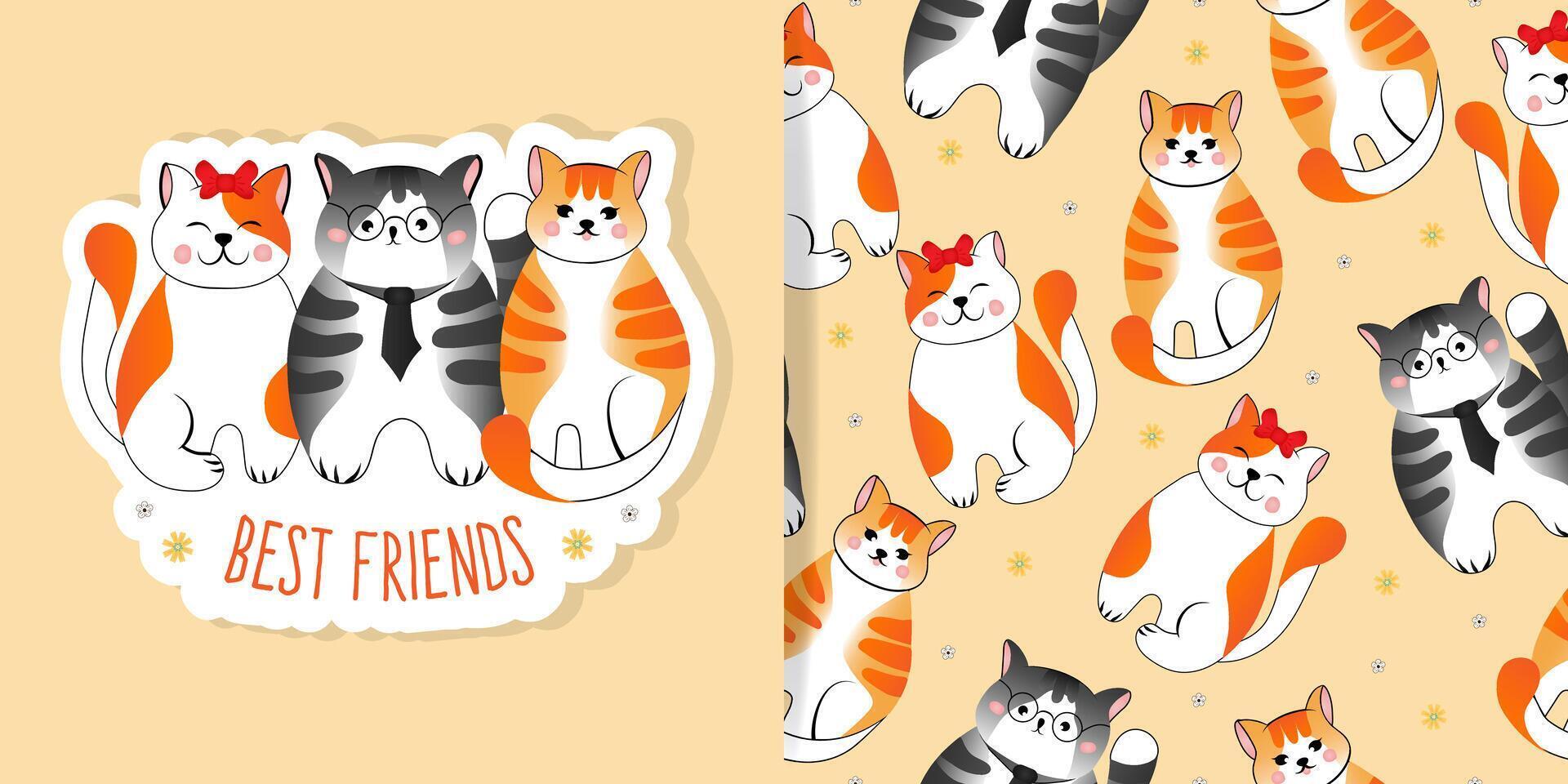 conjunto de tarjeta y sin costura modelo con gris y rojo a rayas gatos en naranja antecedentes. vector ilustración para niños, tela.