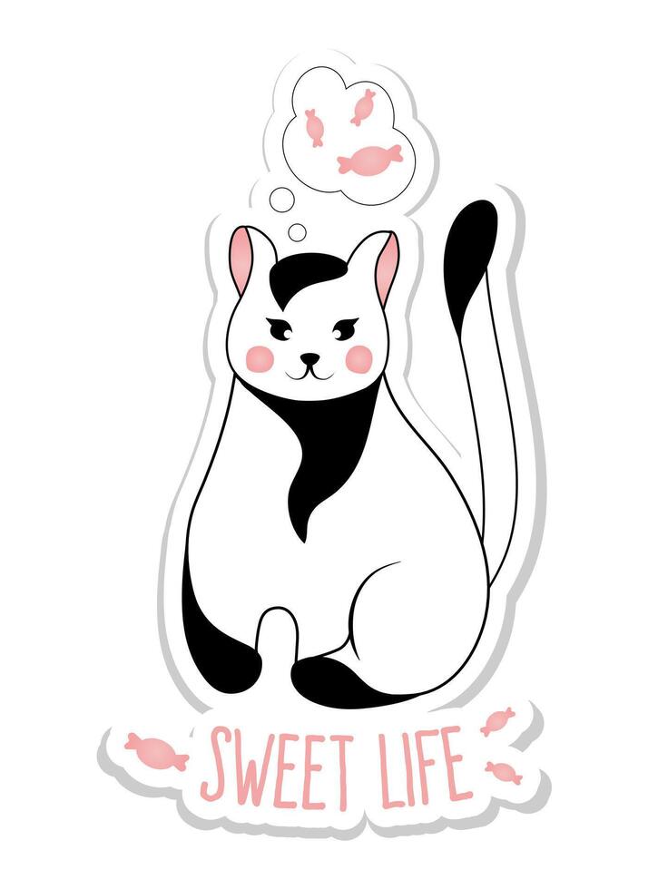 Sticker with cute black and white cat isolated on white background. Vector illustration for children. Sweet life.