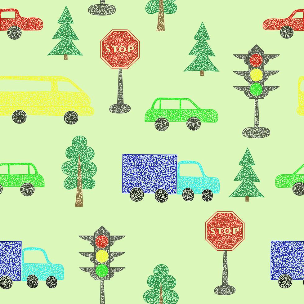 Seamless pattern with hand drawn cars on green background in childrens naive style. vector