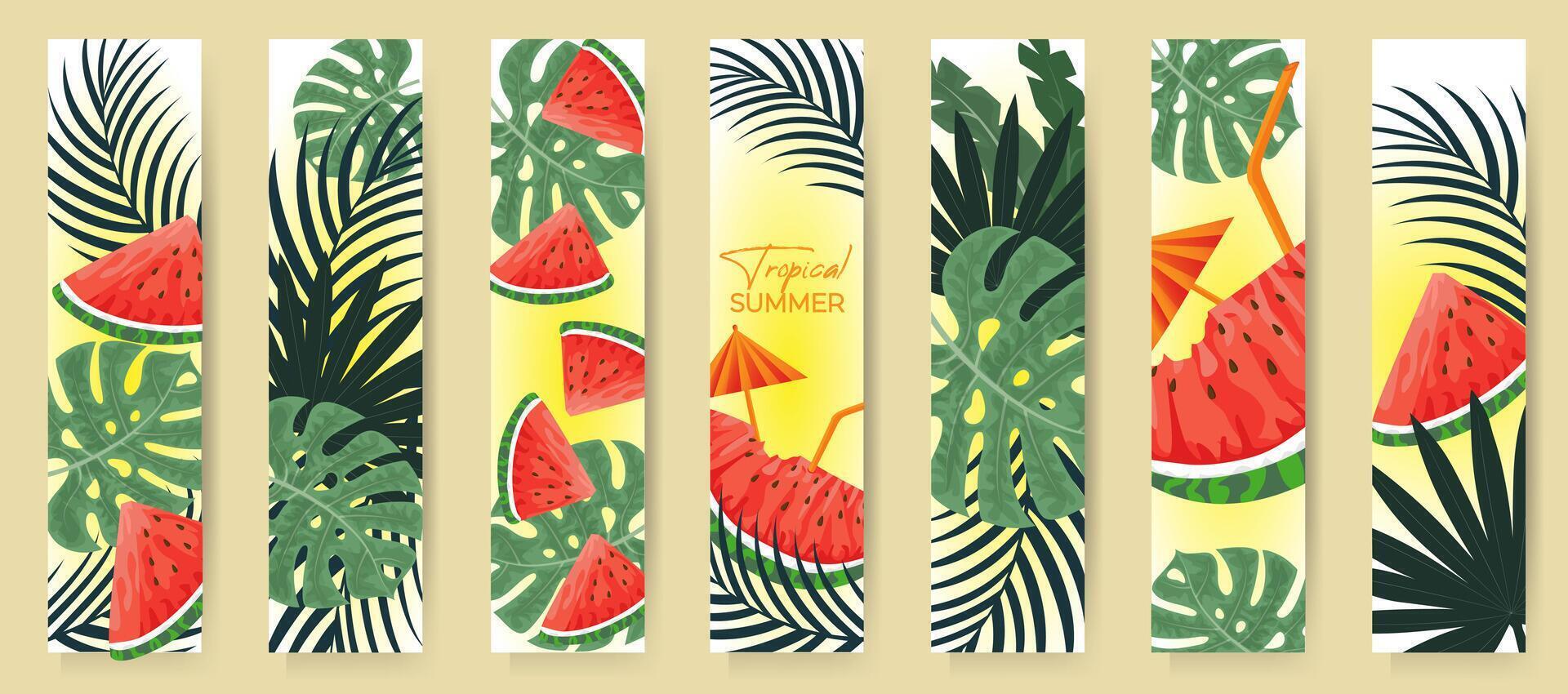 conjunto verano marcadores con sandía rebanada y tropical hojas. diseño para bandera, saludo tarjeta, póster, cubrir y otro varios productos vector