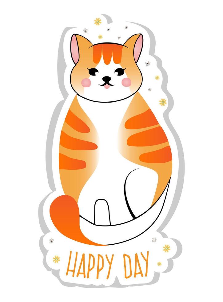 contento día. pegatina con linda rojo despojado gato aislado en blanco antecedentes. vector ilustración para niños.