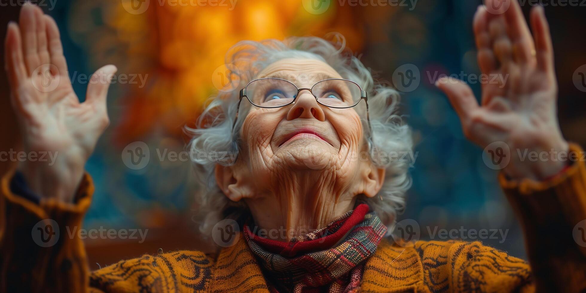 AI Generated Elderly woman hands praying with peace of mind and faith. photo