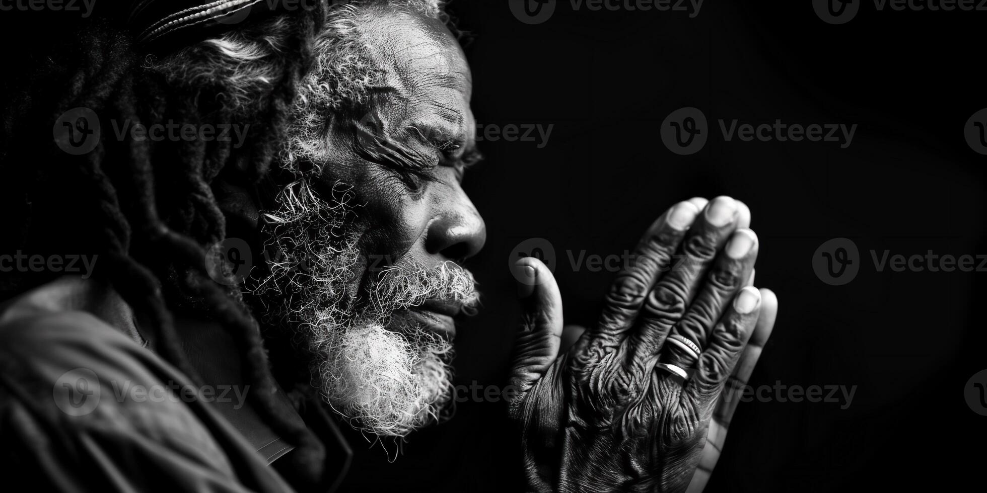 AI Generated praying to god with hands together Caribbean man praying with black background stock photo