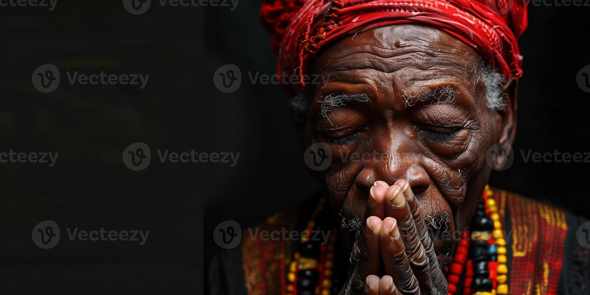 ai generado Orando a Dios con manos juntos caribe hombre Orando con negro antecedentes valores foto