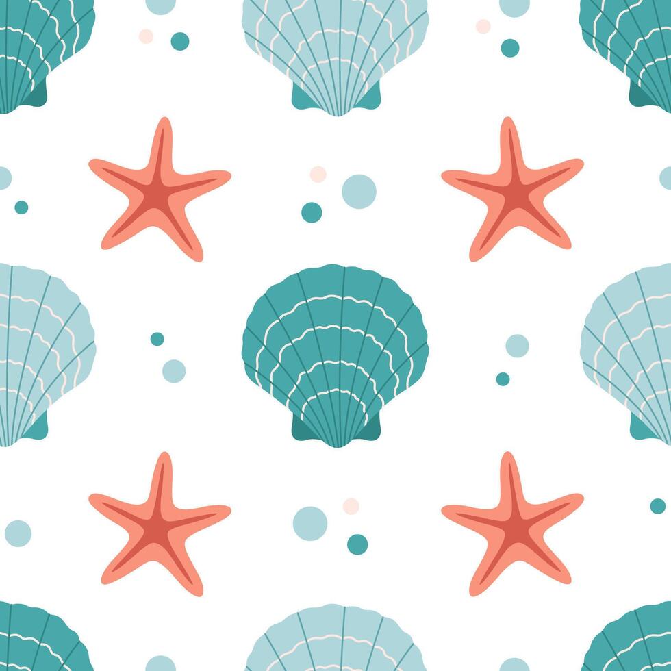 Seamless pattern with sea shells, mollusks, starfish, sea snails. Summer seamless pattern vector