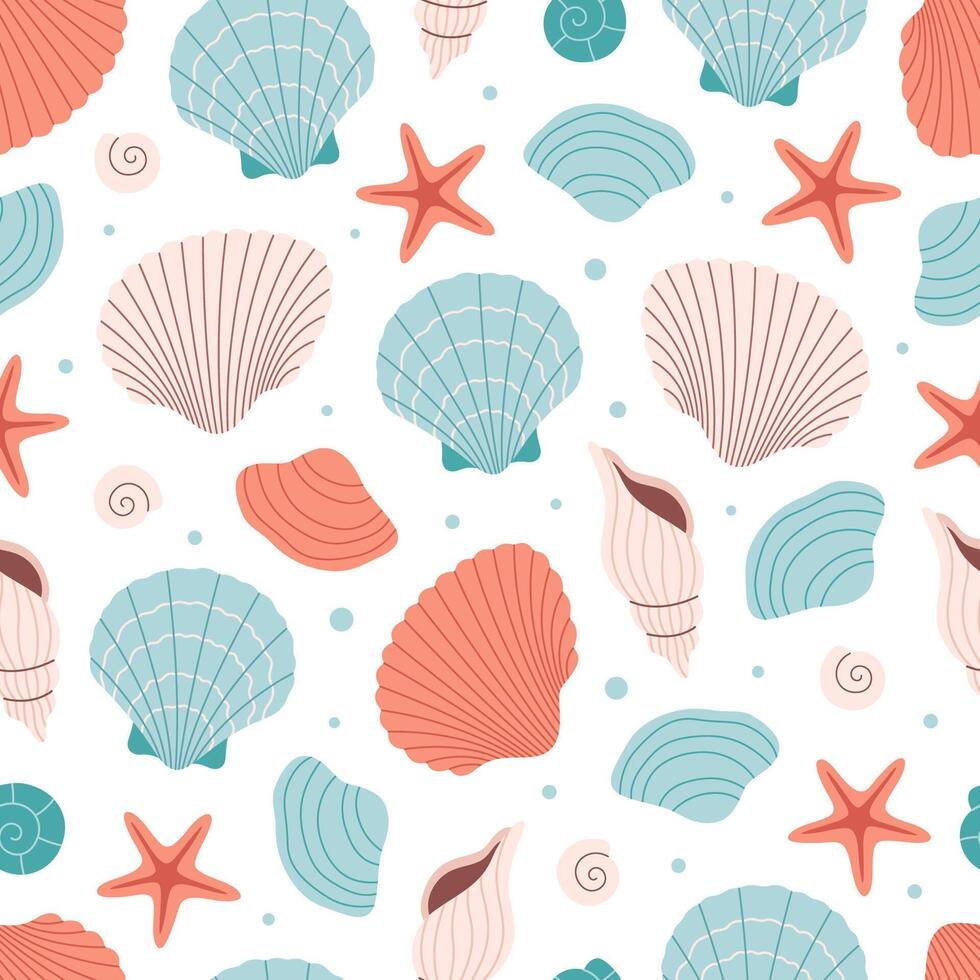 Seamless pattern with sea shells, mollusks, starfish, sea snails. Summer seamless pattern vector