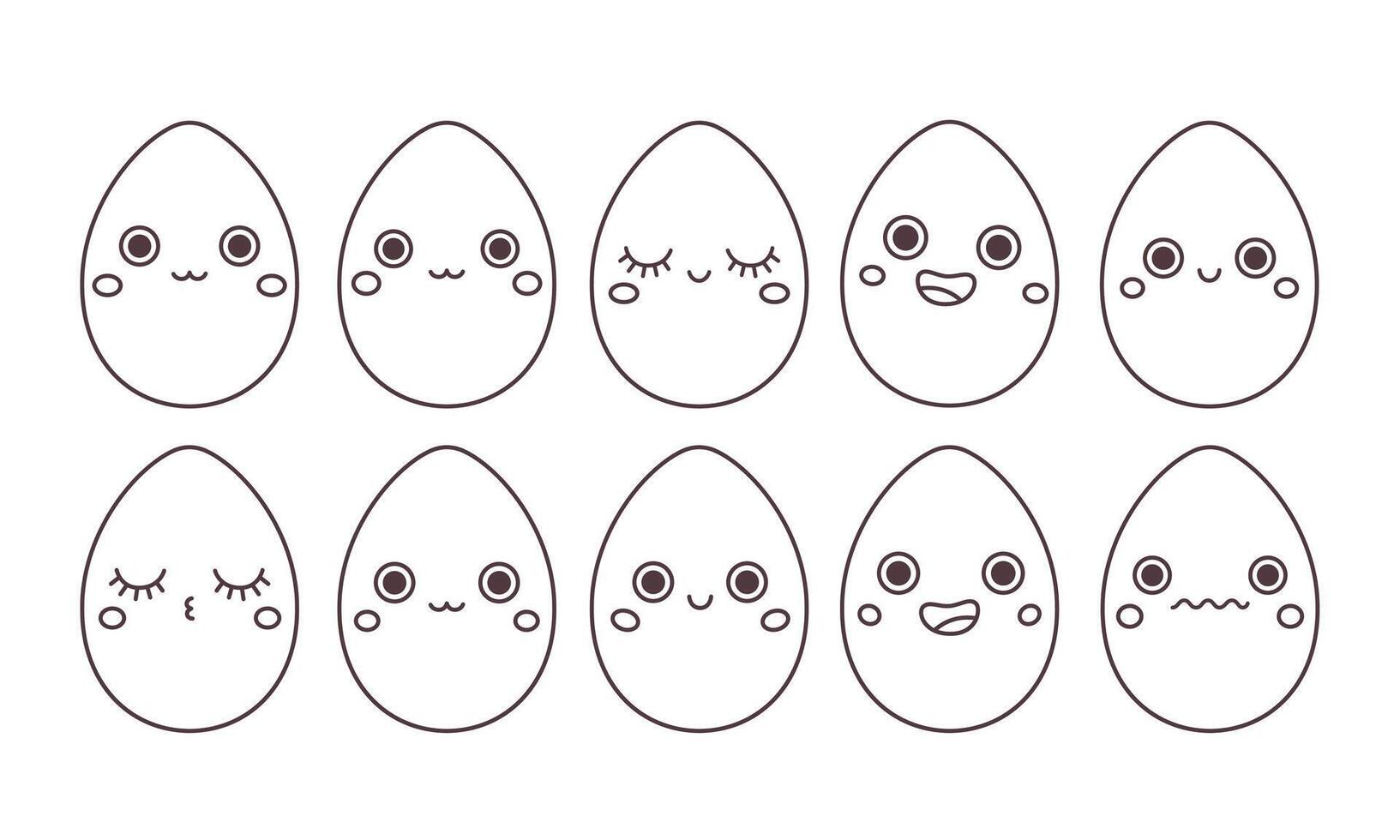 Trendy outline retro cartoon Easter egg characters. Groovy style, vintage. Happy Easter. Coloring book page vector