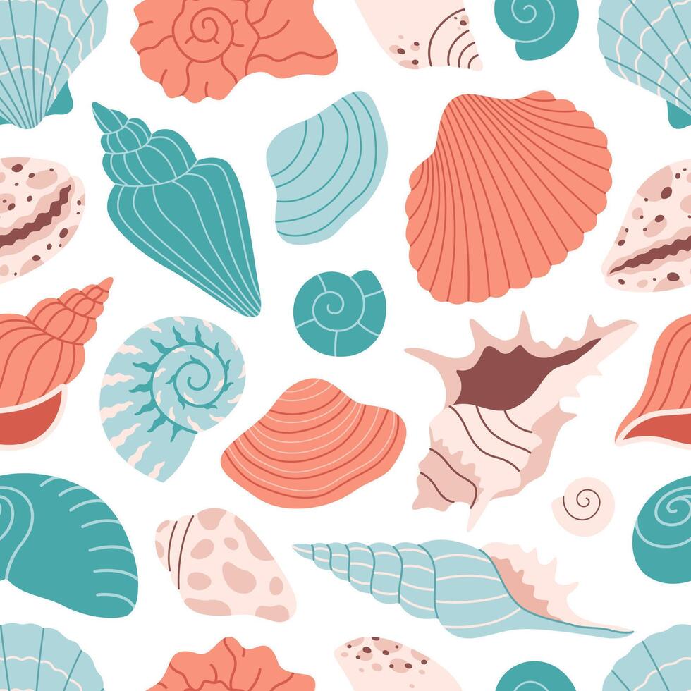 Seamless pattern with sea shells, mollusks, starfish, sea snails. Summer seamless pattern vector