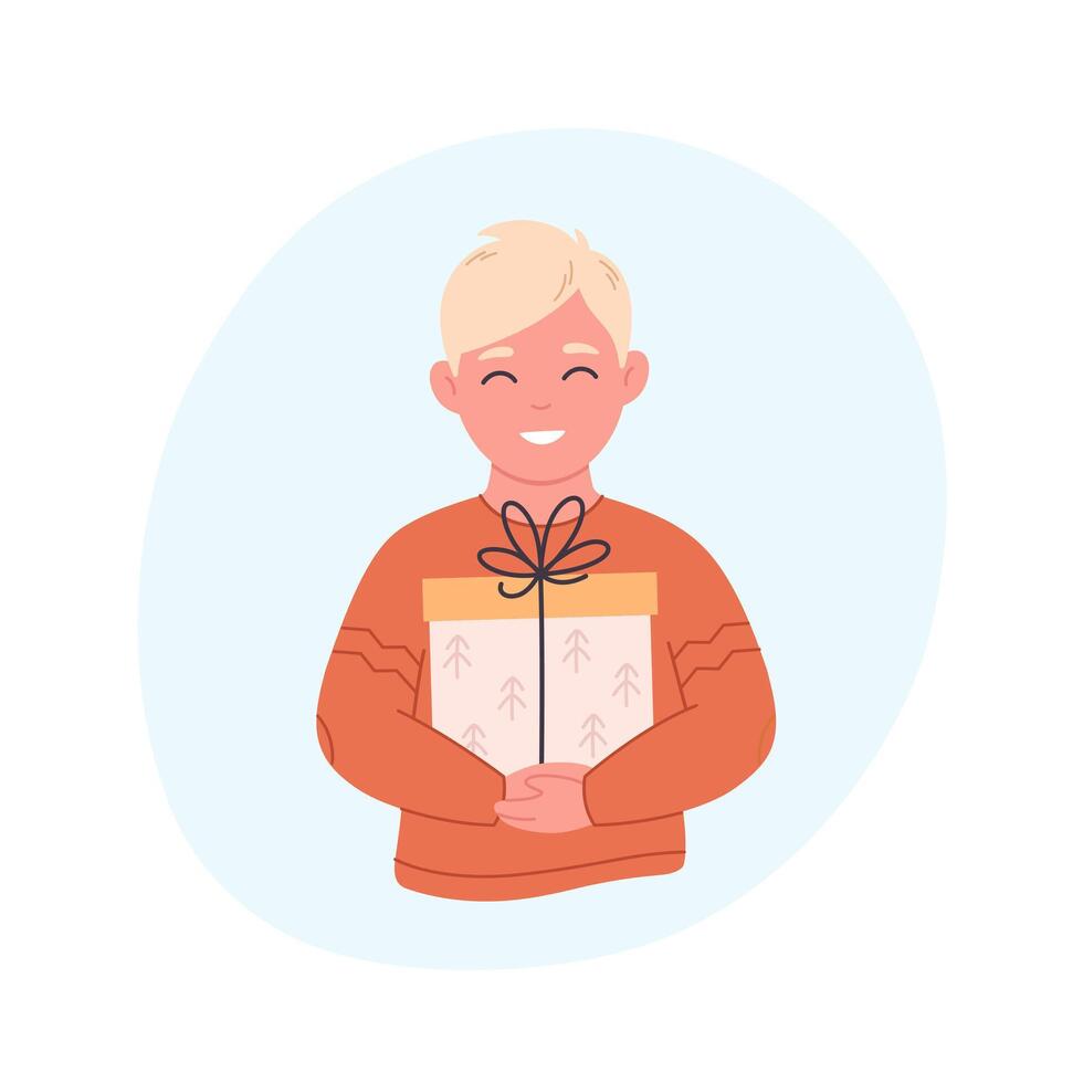 Little boy smiling and holding gift box. Present for Christmas or Birthday, Boxing day. vector