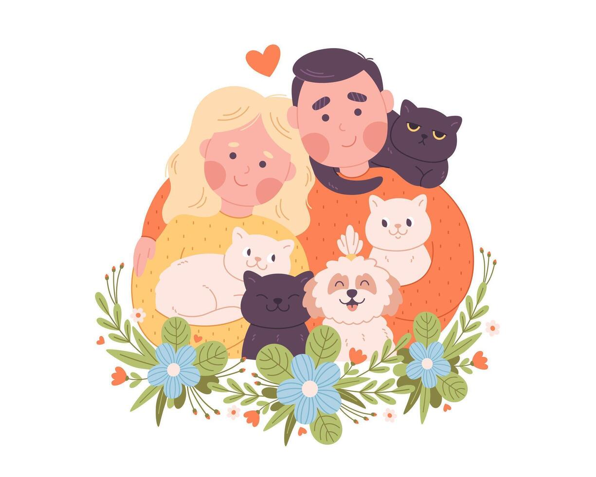 retrato de contento familia con gatos y perro. mundo familia día. familia con animales vector