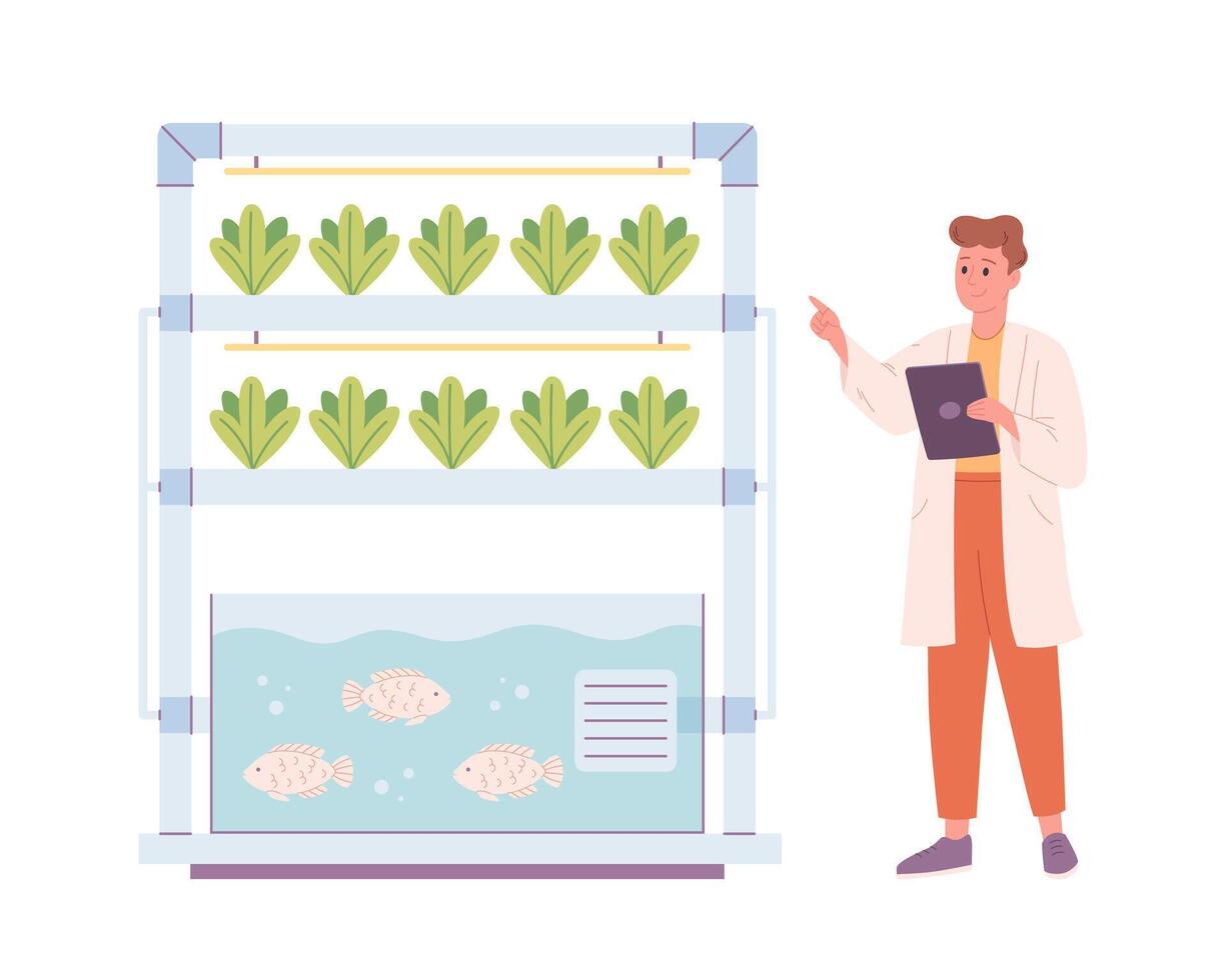 hidroponia y acuaponia tecnología para plantas creciente. vertical agricultura. biólogo crece plantas. inteligente granja vector