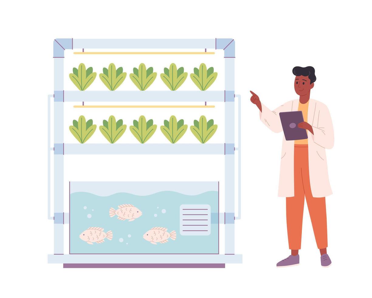 Hydroponics and aquaponics technology for plants growing. Vertical farming. Biologist grows plants. Smart farm vector