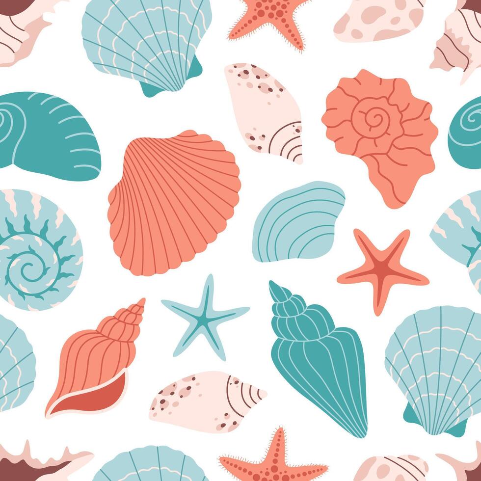 Seamless pattern with sea shells, mollusks, starfish, sea snails. Summer seamless pattern vector