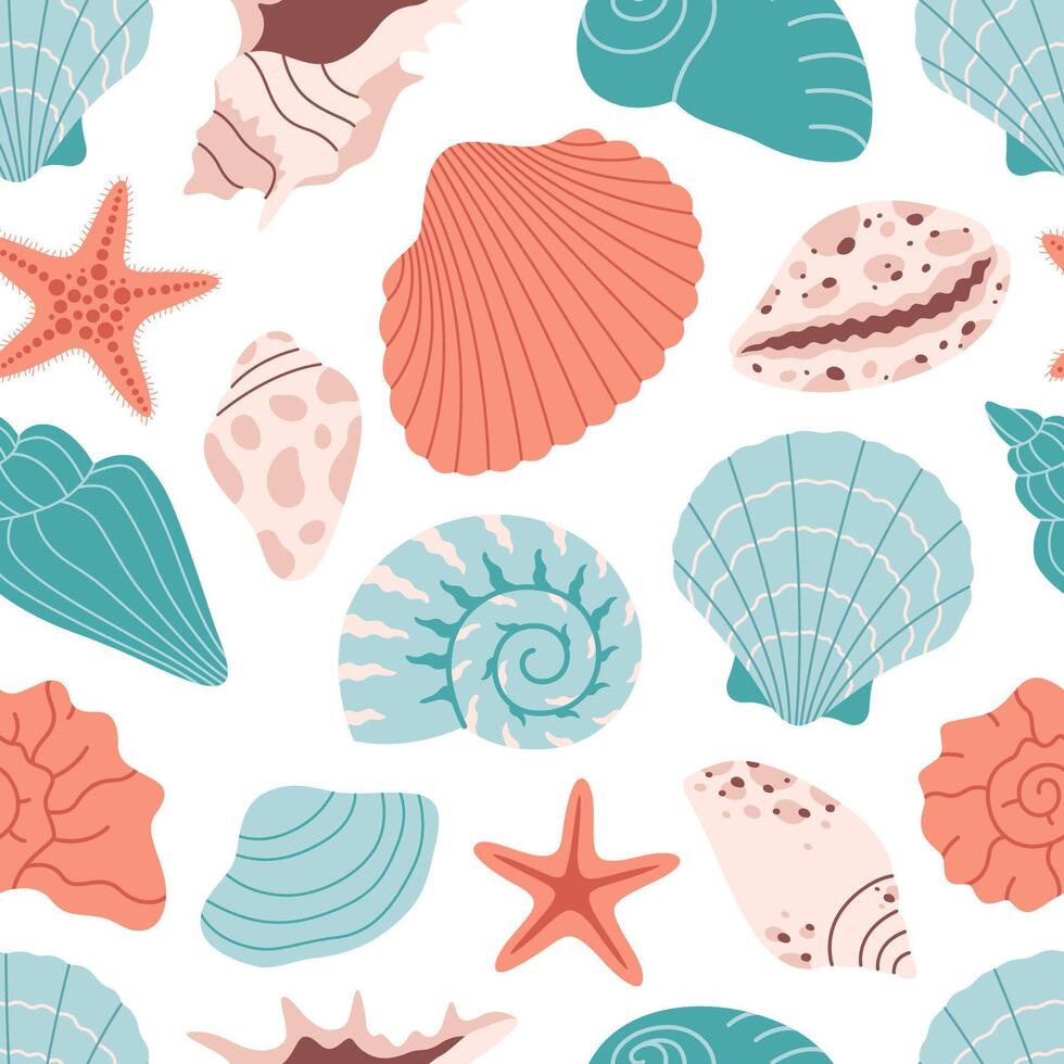 Seamless pattern with sea shells, mollusks, starfish, sea snails. Summer seamless pattern vector