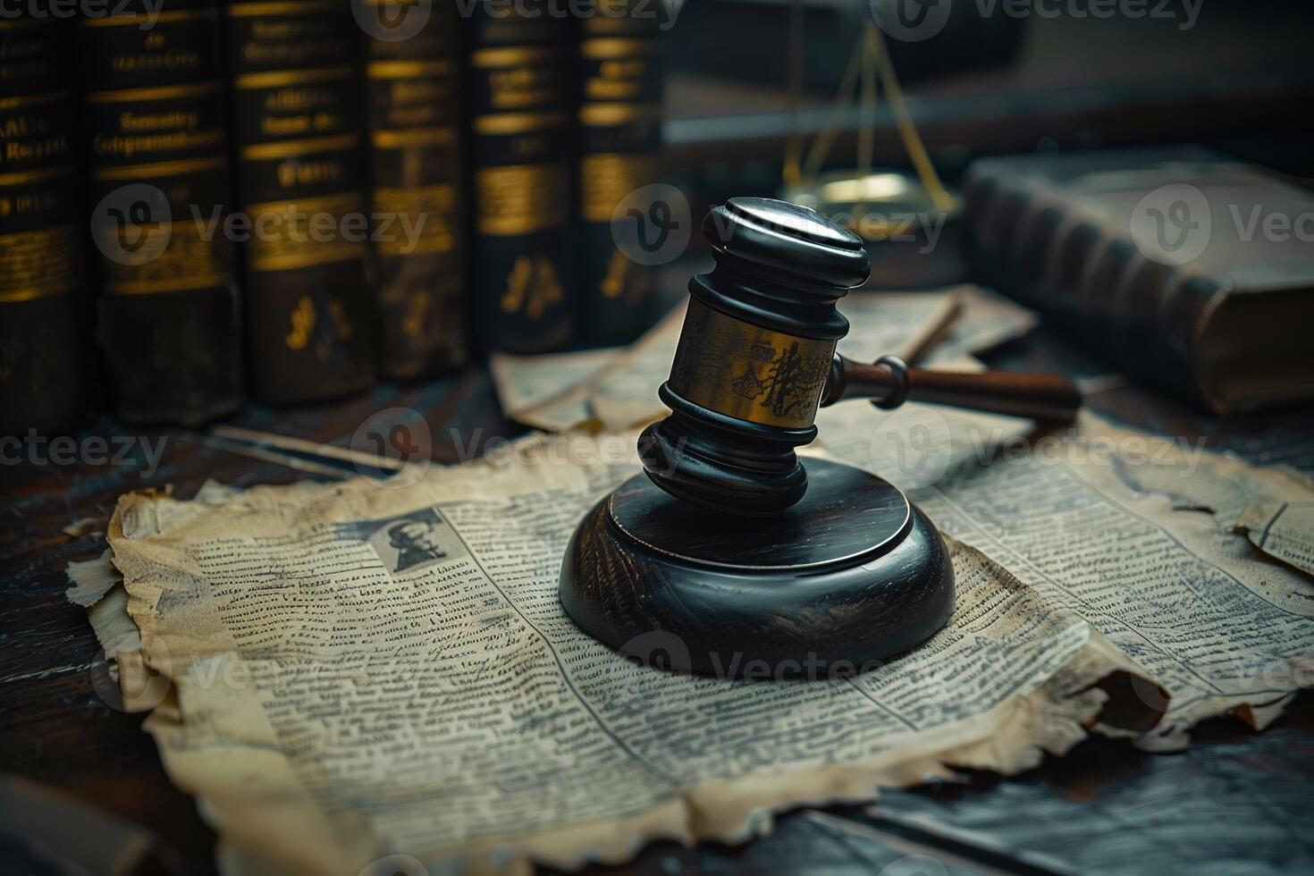 AI Generated Law concept. Judge's gavel in courtroom library. photo