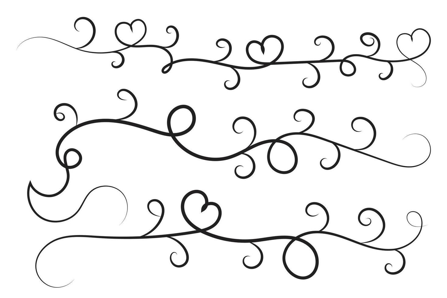 Filigree curly Calligraphic Heart, Fancy Line Flourishes Swirls hearts, curve romantic love sign, Valentines Day divider flourish Swirl, Calligraphy Flourish lettering header hearts scroll vector