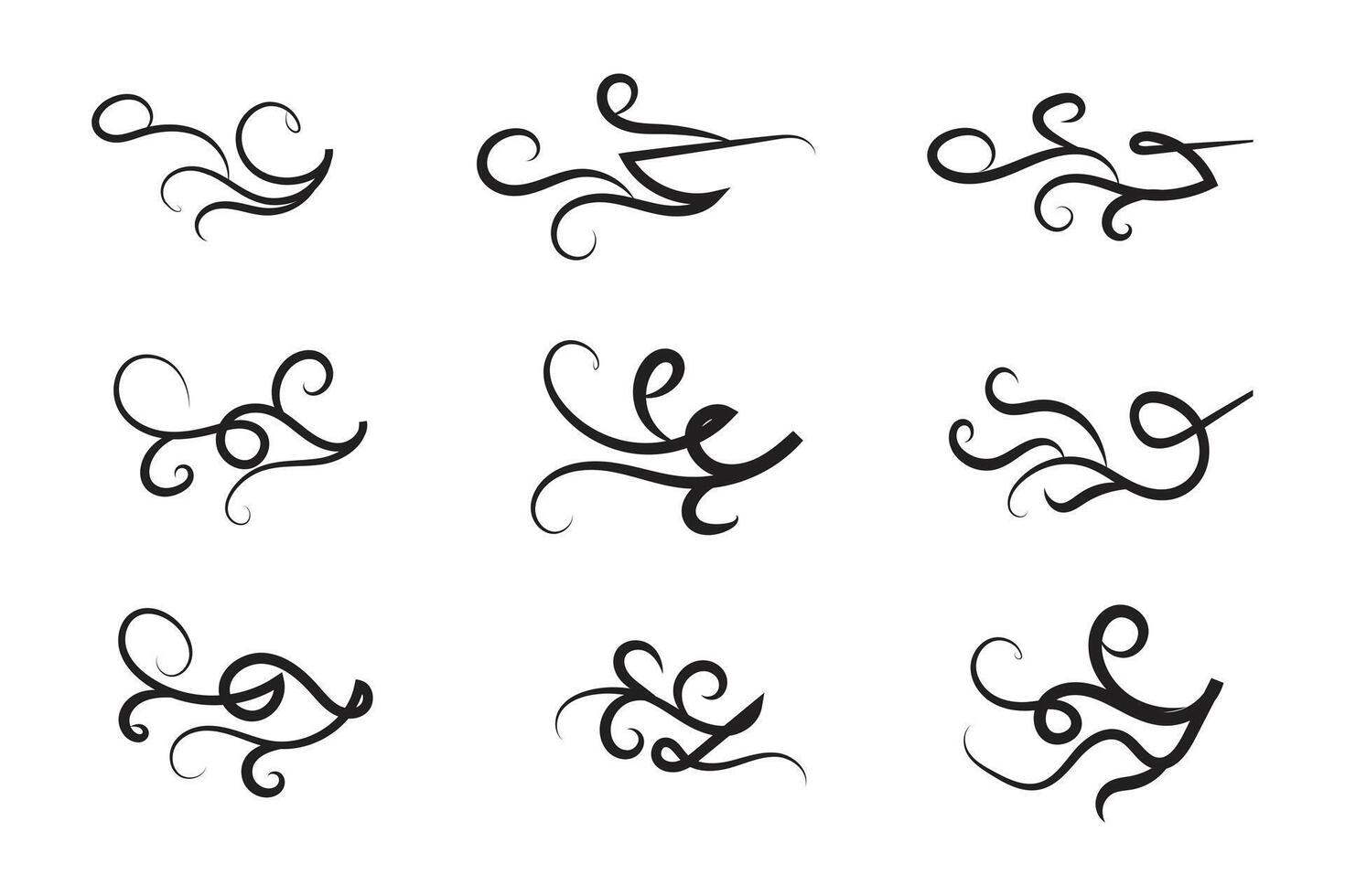 Vintage Filigree Swirls, calligraphy decorative scroll, Fancy Line Flourishes Swirls Elements, vintage curly thin line Text Ornaments, curls text divider flourish Swirl, calligraphic curl lines vector