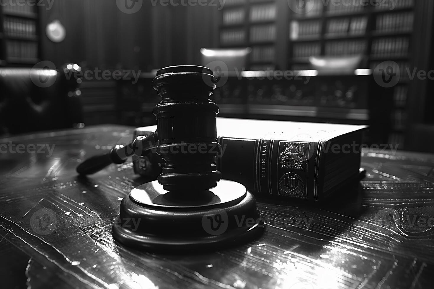 AI Generated Law concept. Judge's gavel in courtroom library. photo