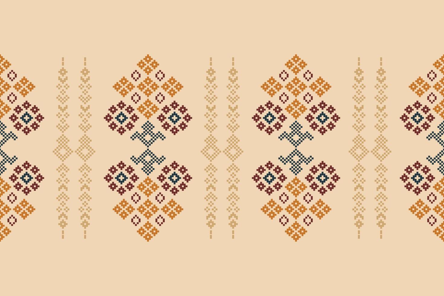 Traditional ethnic motifs ikat geometric fabric pattern cross stitch.Ikat embroidery Ethnic oriental Pixel brown cream background. Abstract,vector,illustration. Texture,scarf,decoration,wallpaper. vector