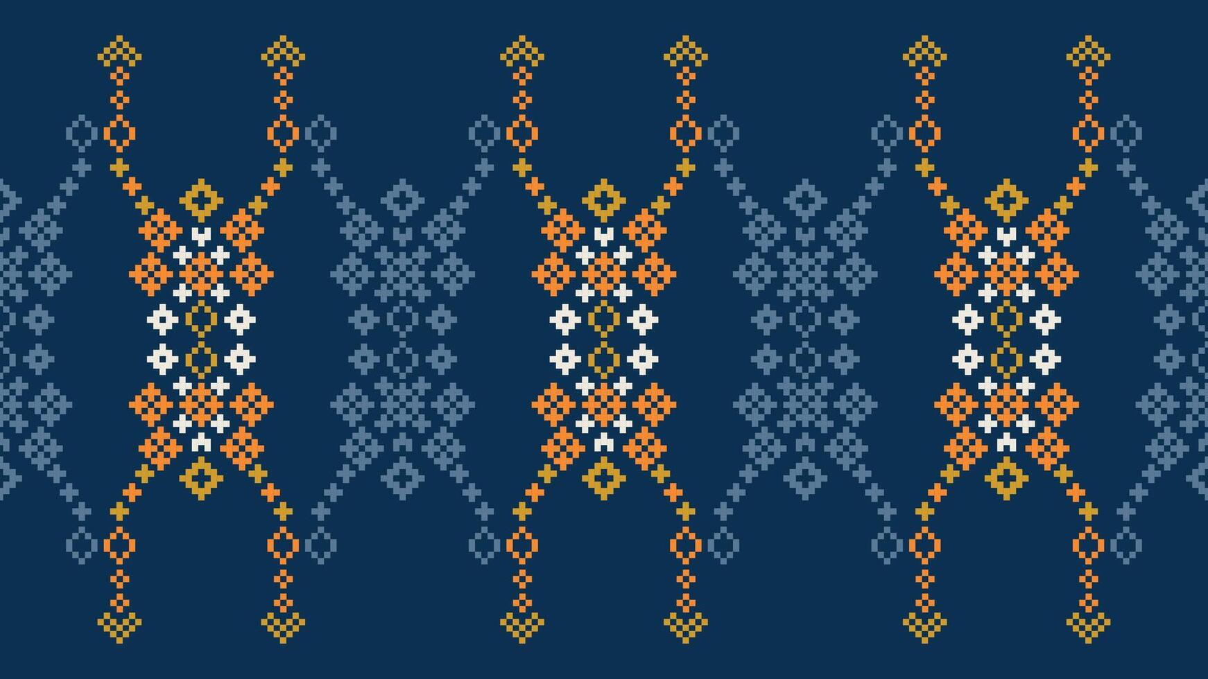 Traditional ethnic motifs ikat geometric fabric pattern cross stitch.Ikat embroidery Ethnic oriental Pixel navy blue background. Abstract,vector,illustration. Texture,scarf,decoration,wallpaper. vector