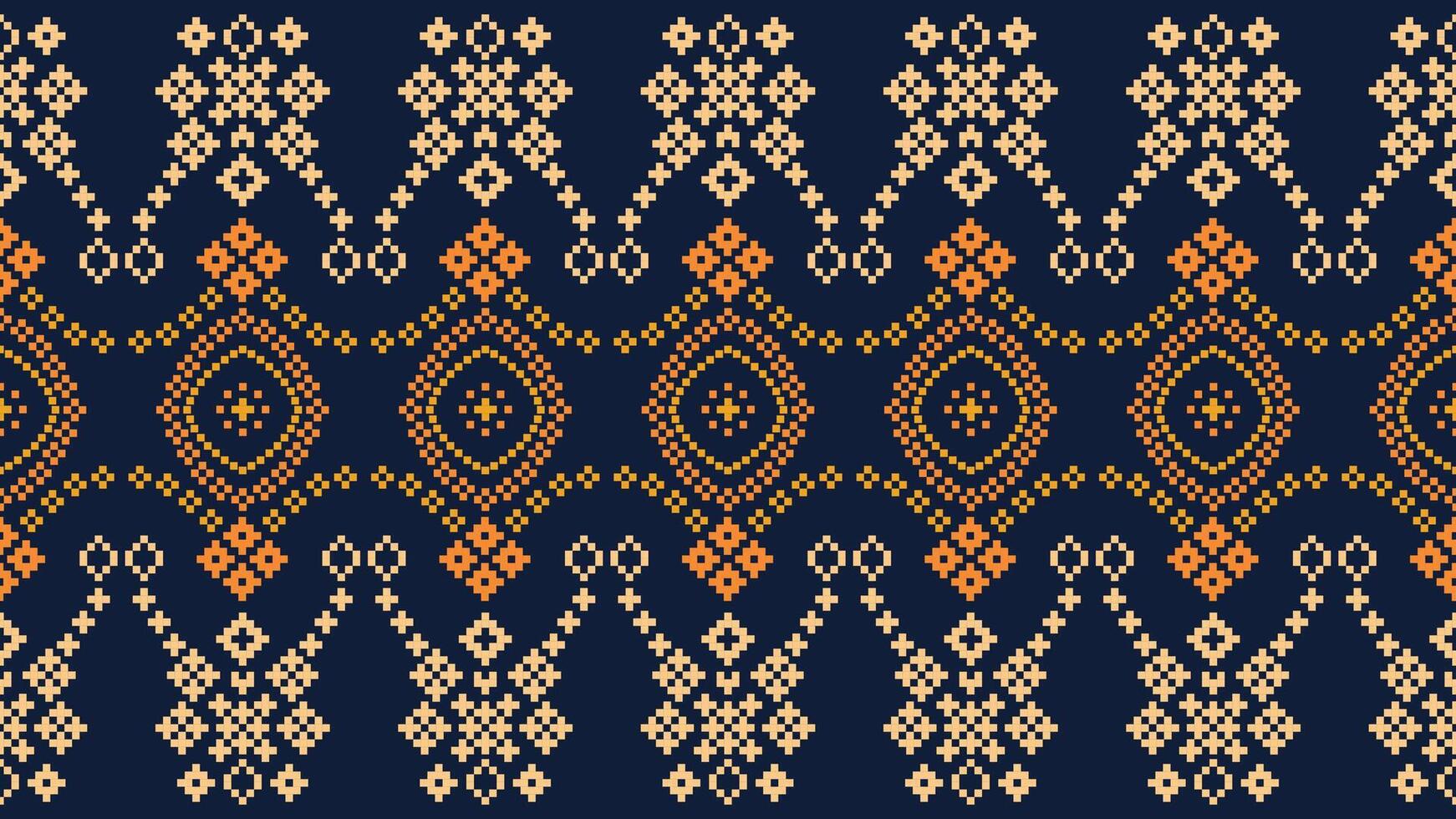 Traditional ethnic motifs ikat geometric fabric pattern cross stitch.Ikat embroidery Ethnic oriental Pixel navy blue background. Abstract,vector,illustration. Texture,scarf,decoration,wallpaper. vector