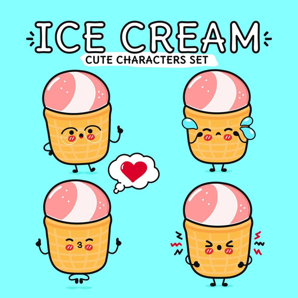 Funny cute happy Ice cream characters bundle set. Vector hand drawn doodle style cartoon character illustration. Isolated on blue background. Ice cream sundae mascot character collection
