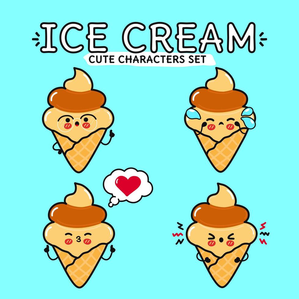 gracioso linda contento hielo crema caracteres haz colocar. vector mano dibujado garabatear estilo dibujos animados personaje ilustración. aislado en azul antecedentes. hielo crema helado con frutas y nueces mascota personaje colección