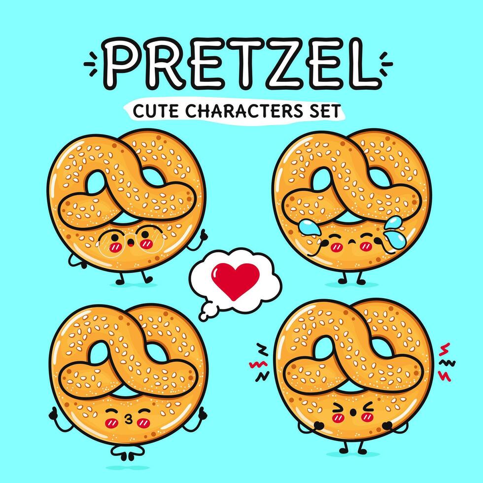 Funny cute happy French pretzel characters bundle set. Vector hand drawn doodle style cartoon character illustration icon design. Isolated blue background. French pretzel mascot character collection