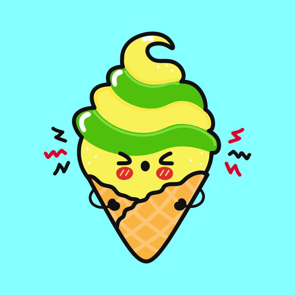 Angry Ice cream character. Vector hand drawn cartoon kawaii character illustration icon. Isolated on blue background. Sad Ice cream character concept